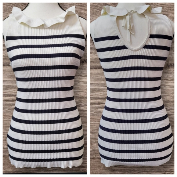 Ann Taylor Black & Off White Stripe Ribbed Knit Sweater w/ Ruffle Collar, Size L - Picture 1 of 6